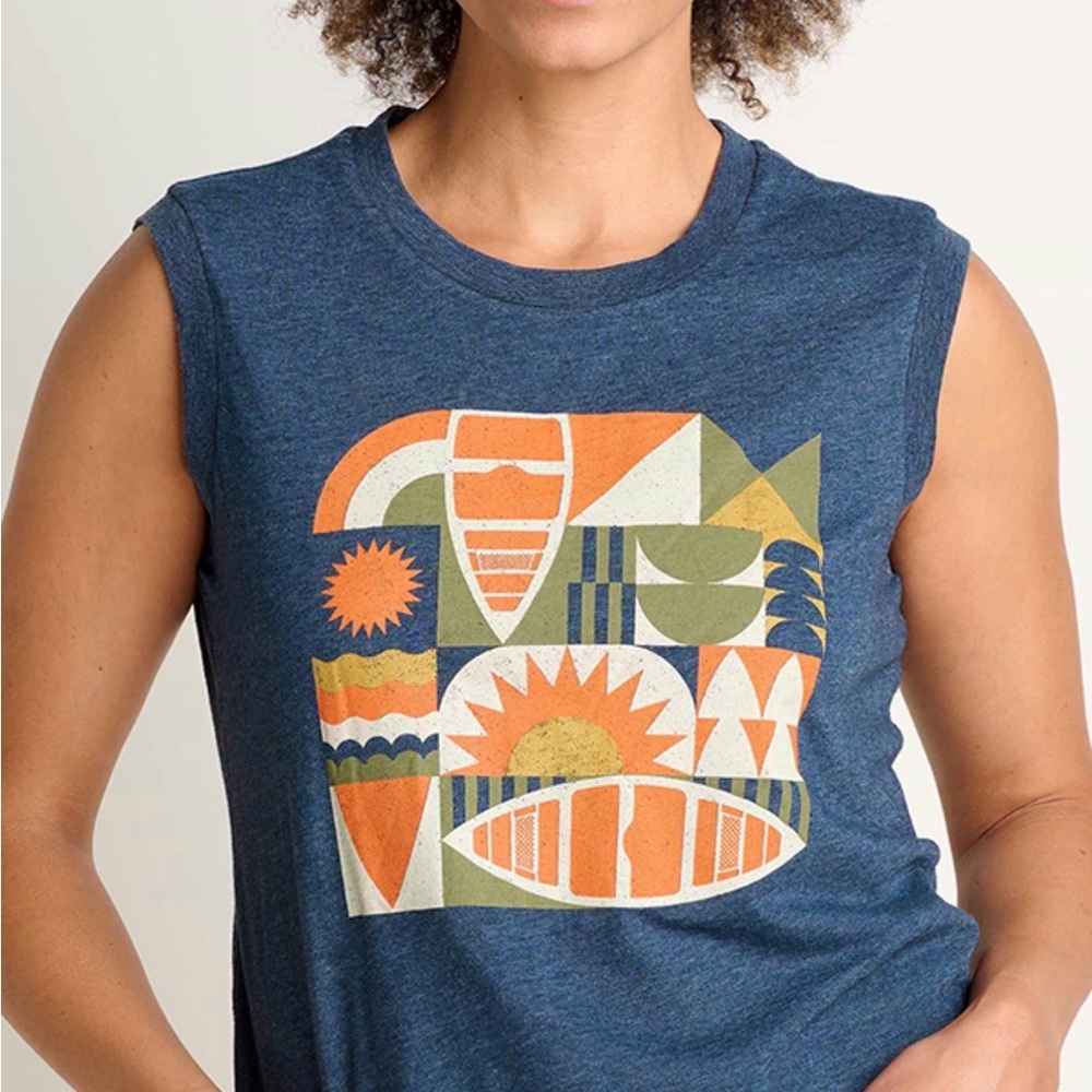 Toad&Co Navy Muscle Tee with Orange, Olive & Cream Graphic